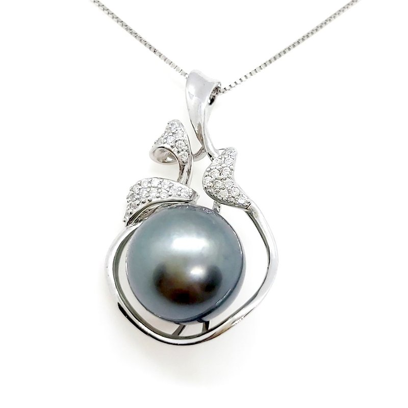 Broken Diamond Ribbon Saltwater Tahitian Pearl Sterling Silver Necklace - สร้อยคอ - ไข่มุก 