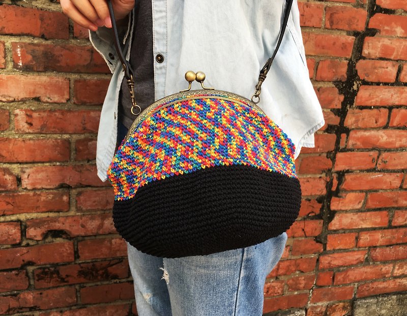 Hand-woven Big Mouth Gold Side Backpack/Vintage Bronze/Rainbow X Black Background/Side Backpack/Outing Bag - Messenger Bags & Sling Bags - Cotton & Hemp Multicolor