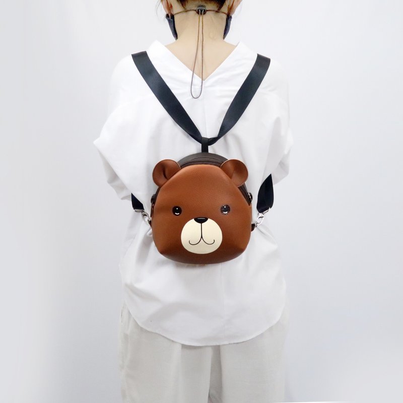 Brown bear mini backpack ,Bear crossbody bag,hand painted bag, handmade backpack - 背包/後背包/書包 - 人造皮革 咖啡色