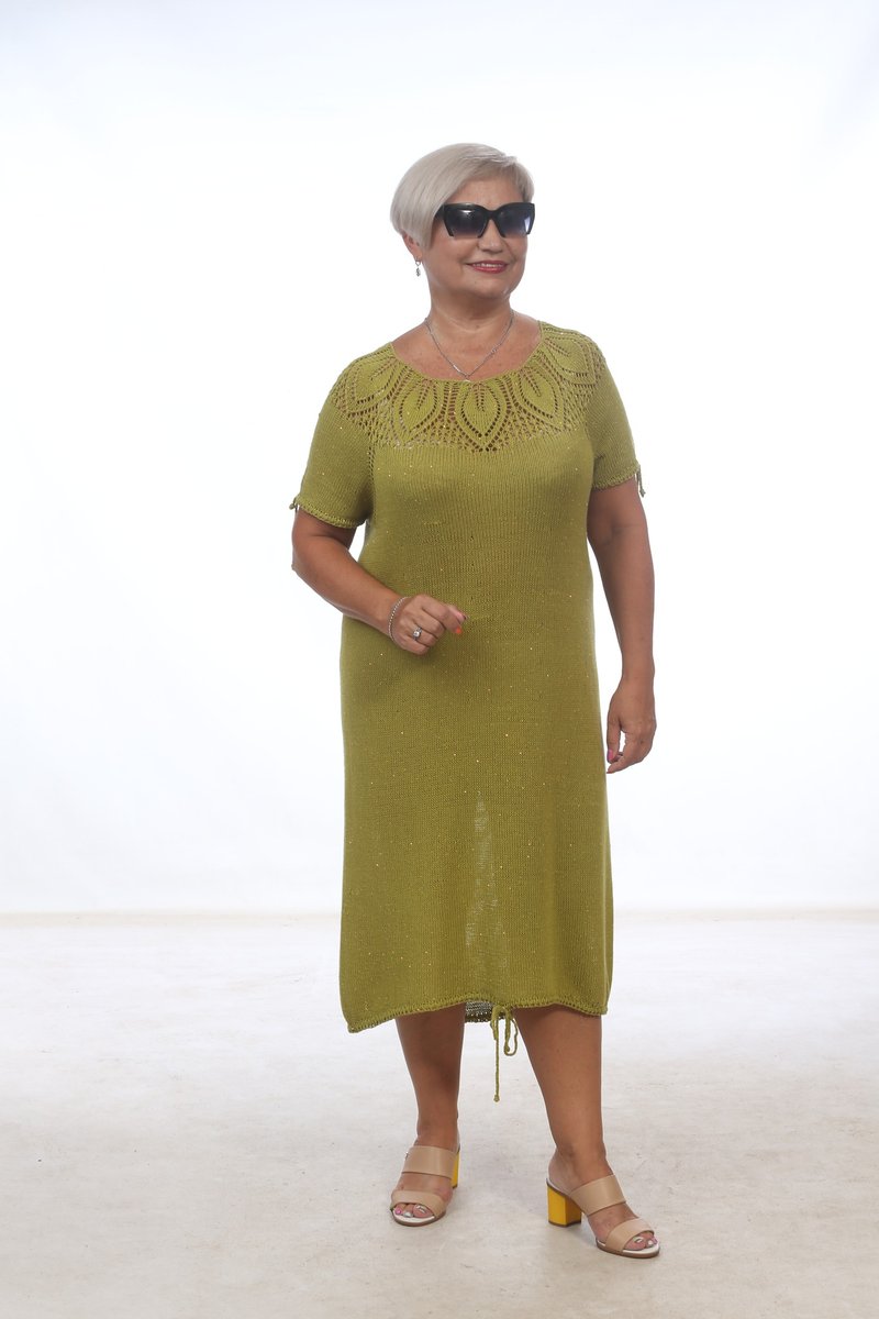 Women's hand-knitted dress linen tencel sequins pistachio - ชุดเดรส - ผ้าฝ้าย/ผ้าลินิน สีเขียว