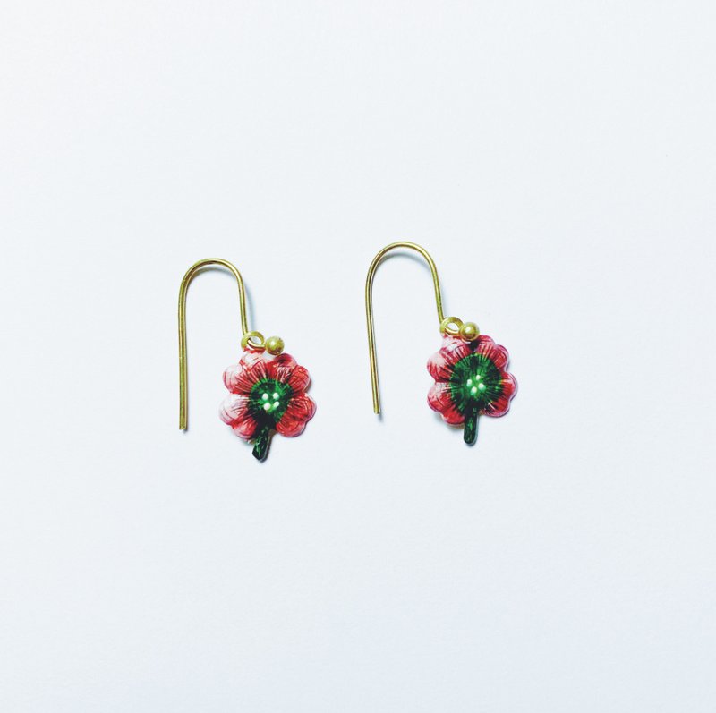 Hand-painted earrings-Clover - ต่างหู - ทองแดงทองเหลือง สีแดง