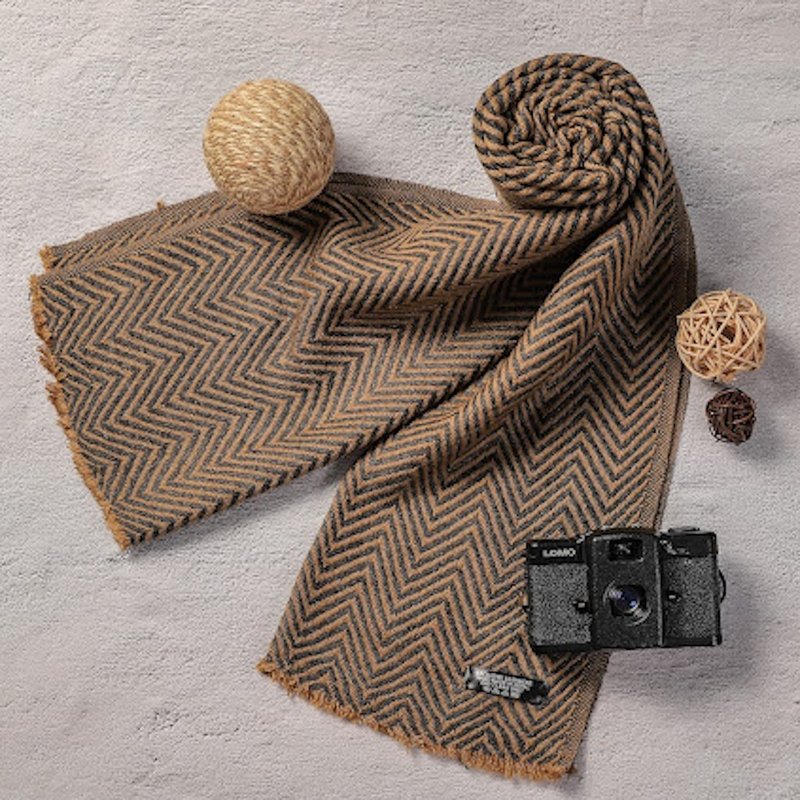 【窄版】喀什米爾羊毛圍巾 棕色山形紋 脖圍 手工編織 男女適用 - 圍巾/披肩 - 羊毛 咖啡色