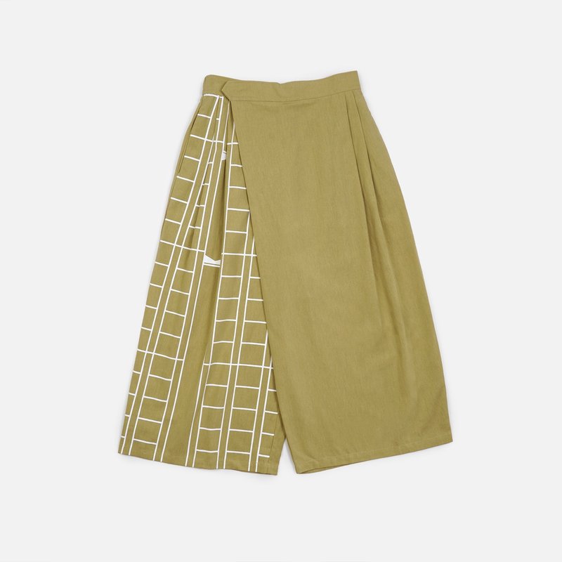 Manuscript printed asymmetrical cut culottes-yellow green - Women's Pants - Cotton & Hemp 