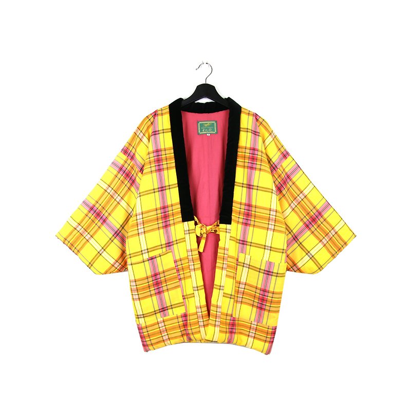 Back to Green :: 袢 day Japan home cotton jacket shop cotton yellow beige pink plaid double pocket // unisex wear / vintage (BT-20) - Women's Casual & Functional Jackets - Cotton & Hemp 
