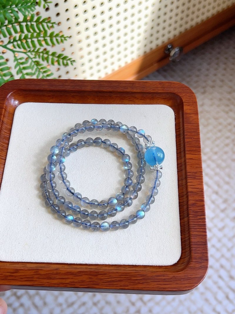 Natural raw ore labradorite aquamarine large bead design multi-circle bracelet necklace - สร้อยข้อมือ - เครื่องประดับพลอย สีเทา