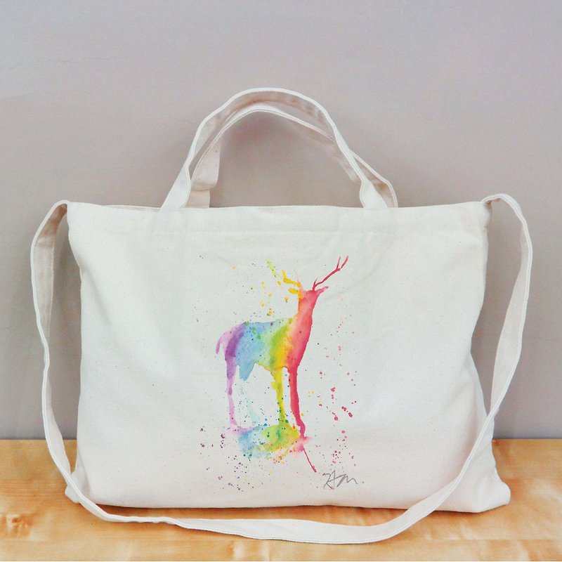 [Sam Earth Rainbow Series] Illustrator Sam. Sam Ze Rainbow Deer Horizontal Canvas Bag - Clutch Bags - Cotton & Hemp Khaki