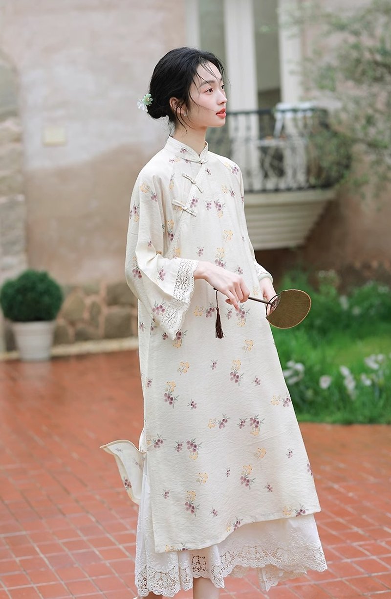 後庭花 新中式復古改良旗袍 優雅連身裙 - 連身裙 - 其他材質 黃色