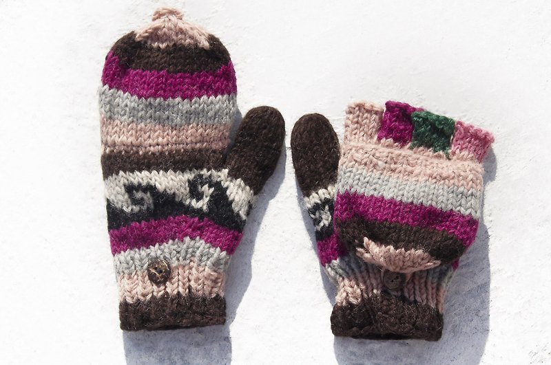 Christmas gift ideas gift exchange gift limited a hand-woven pure wool knit gloves / detachable gloves / bristle gloves / warm gloves (made in nepal) - Spanish coffee pink contrast color sea totem - ถุงมือ - ขนแกะ 