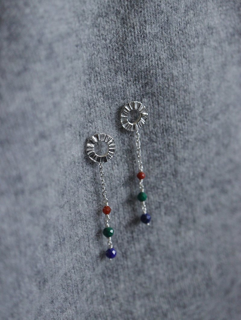 925Silver Lapis Lazuli × Stone × Southern Red Agate Fireworks Natural Stone Earrings - Earrings & Clip-ons - Sterling Silver Multicolor
