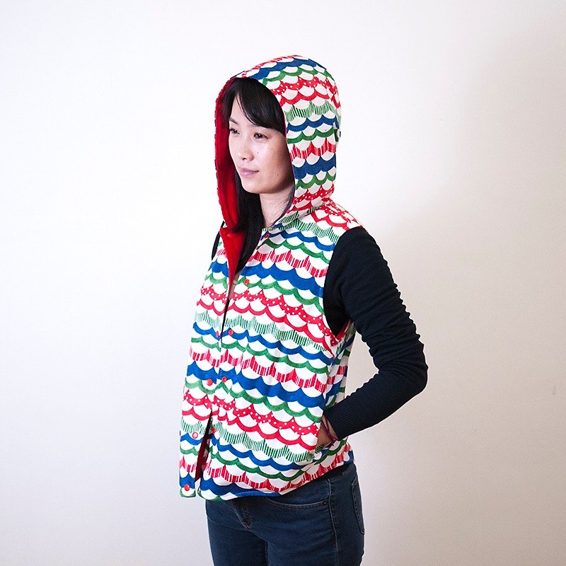 Colorful waves hooded reversible flannel vest_red & white_Adult - Women's Vests - Cotton & Hemp Red