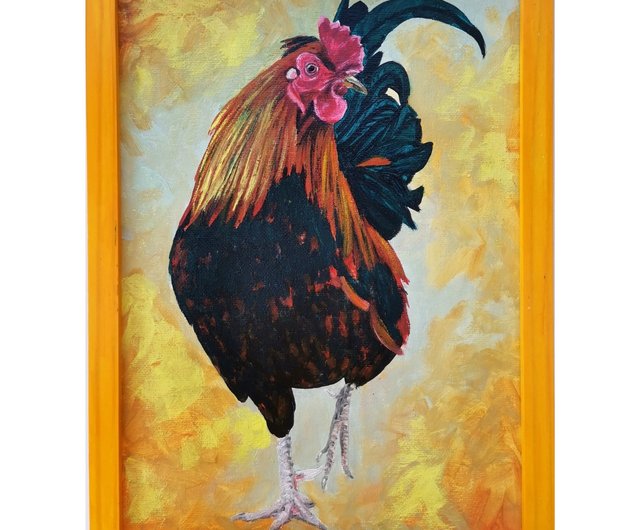 鶏の鳥の絵画 オリジナル額入り壁アート 黄色 RinaArtSK 作