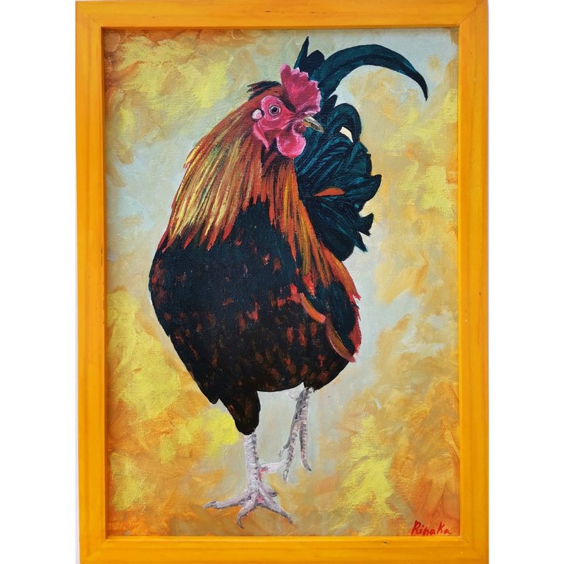 Rooster Birds Painting Original Framed Wall Art Yellow Color By RinaArtSK - Wall Décor - Other Materials Multicolor