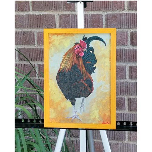 鶏の鳥の絵画 オリジナル額入り壁アート 黄色 RinaArtSK 作 - ショップ