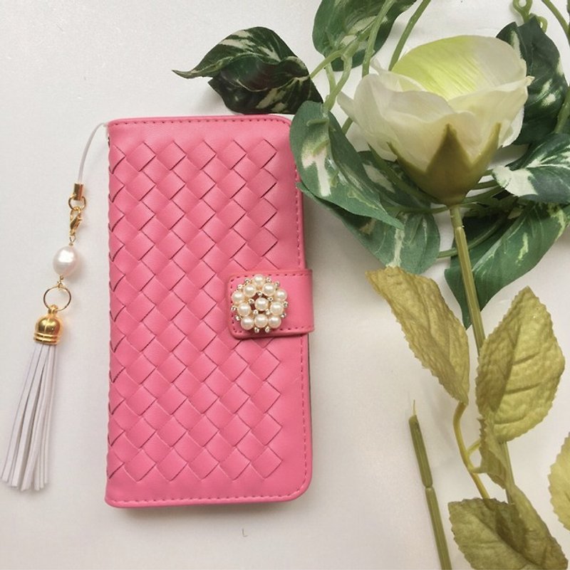 [Pajour] (Vivid Pink) Intrecciato notebook type smartphone case [iPhone] [notebook] [braided] - Phone Cases - Genuine Leather Pink