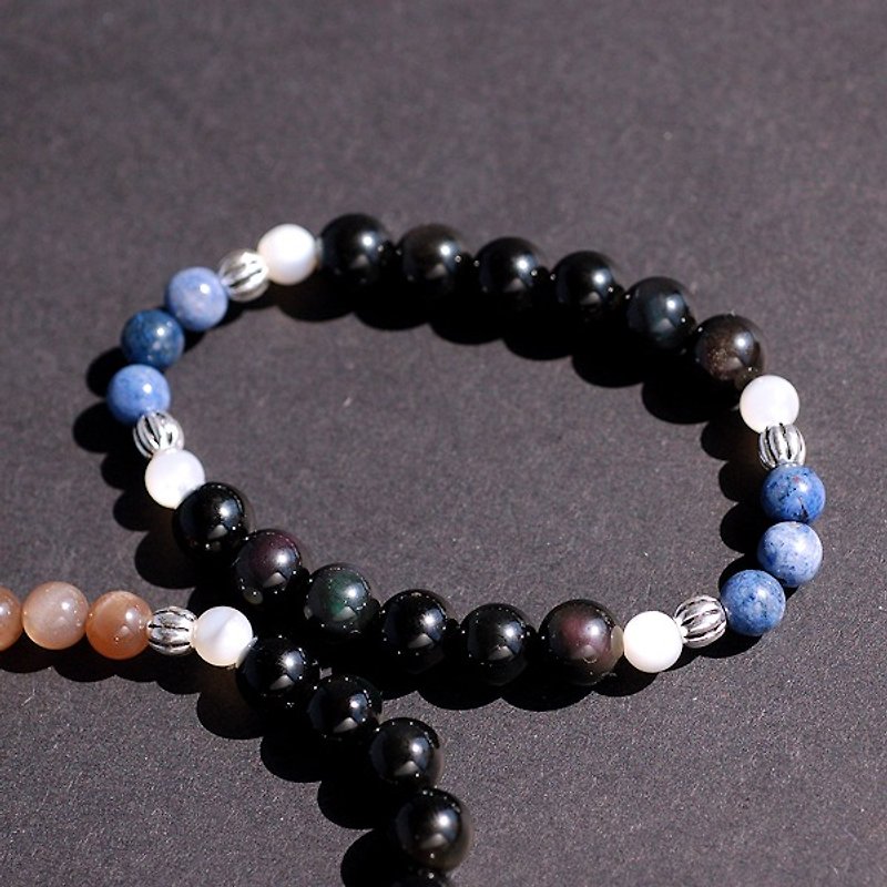 Obsidian*Blue Line Stone*White Butterfly Shell Sterling Silver Bracelet - Bracelets - Gemstone Black
