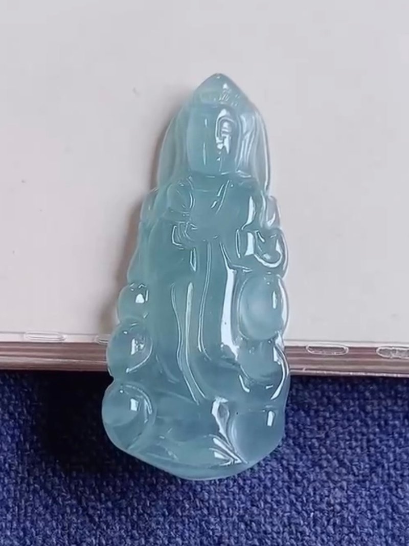 天然翡翠 緬甸 A玉 玉鐲 • 冰種藍翡翠觀音吊墜 - 戒指 - 玉石 藍色