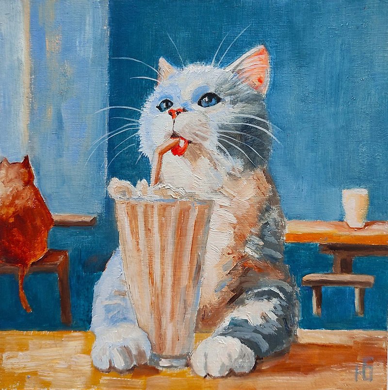 Cat Original Oil Painting, Funny Pet Portrait, Kitten Wall Art. 手工油畫, 油畫原作 - Posters - Other Materials Multicolor