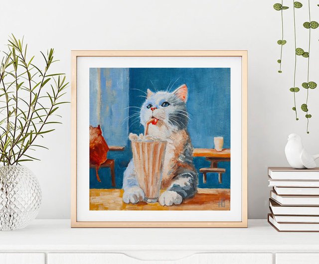 油絵 専用バスクシャツを着て自画像を描く猫