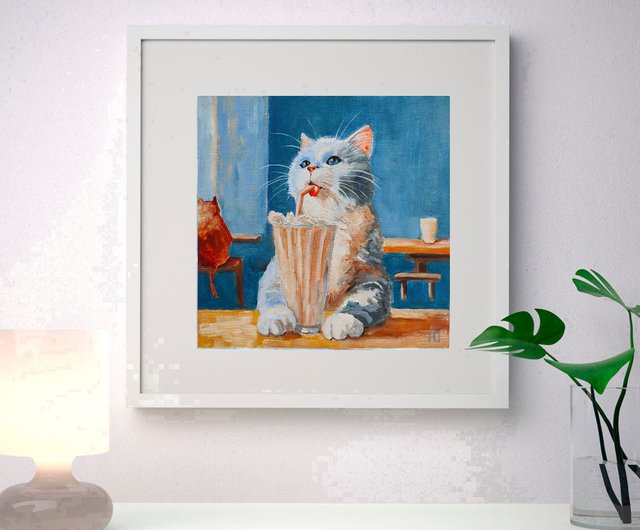 猫のオリジナル油絵、面白いペットの肖像画、子猫の壁アート