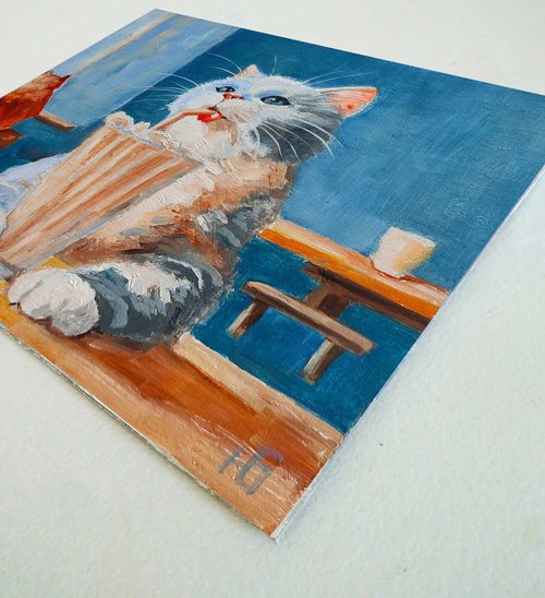 油絵 専用バスクシャツを着て自画像を描く猫