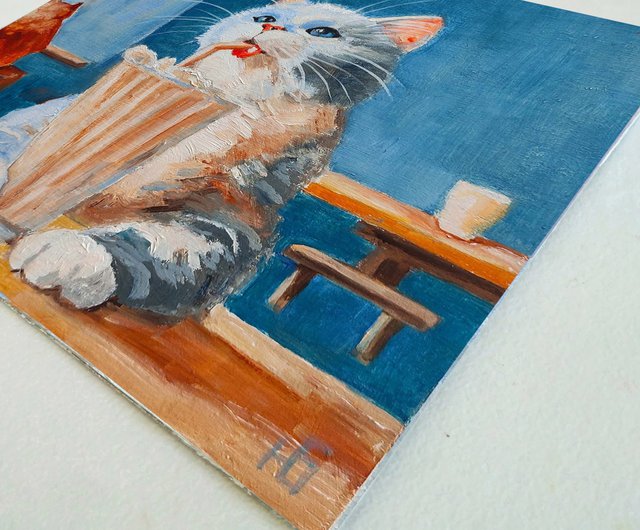 猫のオリジナル油絵、面白いペットの肖像画、子猫の壁アート