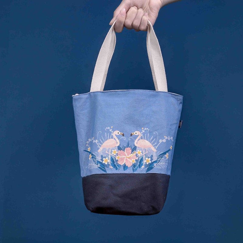 Custom text. Bloom Lunch Bag lunch bag. Zipper - กระเป๋าถือ - ผ้าฝ้าย/ผ้าลินิน สีน้ำเงิน
