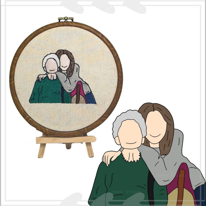 Custom Embroidery Art Set - Walnut-Colored Thick Round Frame - Customized Portraits - Cotton & Hemp Multicolor