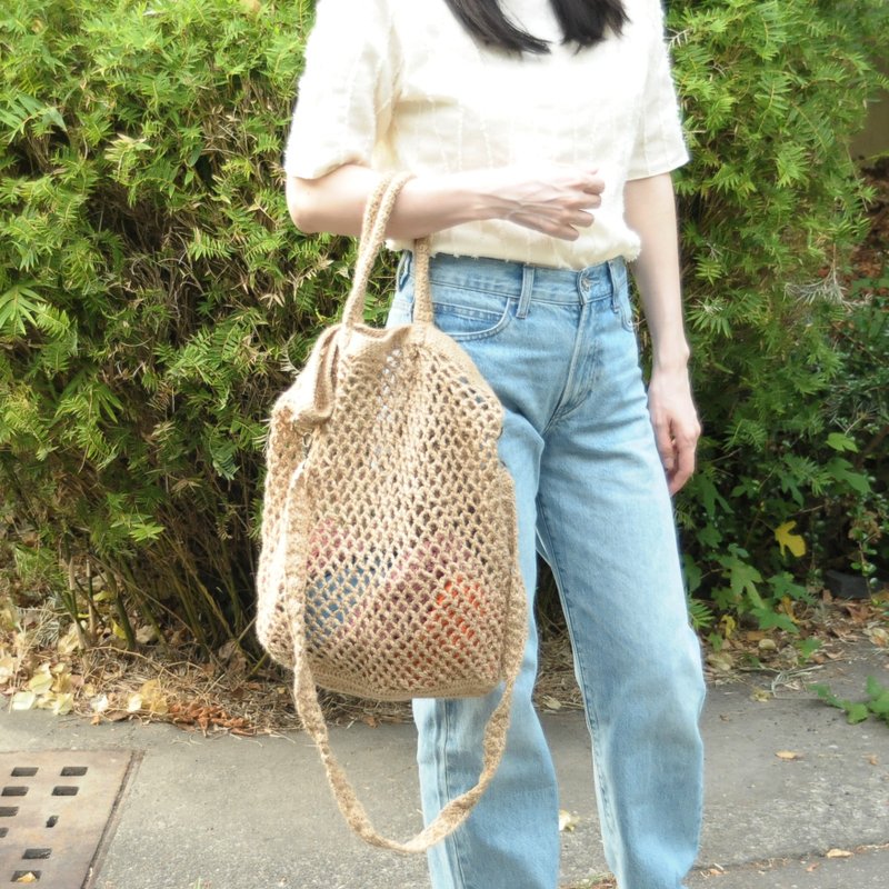 ビッグサイズ斜め掛け＆手提げ編みバッグ / 麻紐編み / 2WAY編みバッグ - ショルダーバッグ - コットン・麻 カーキ