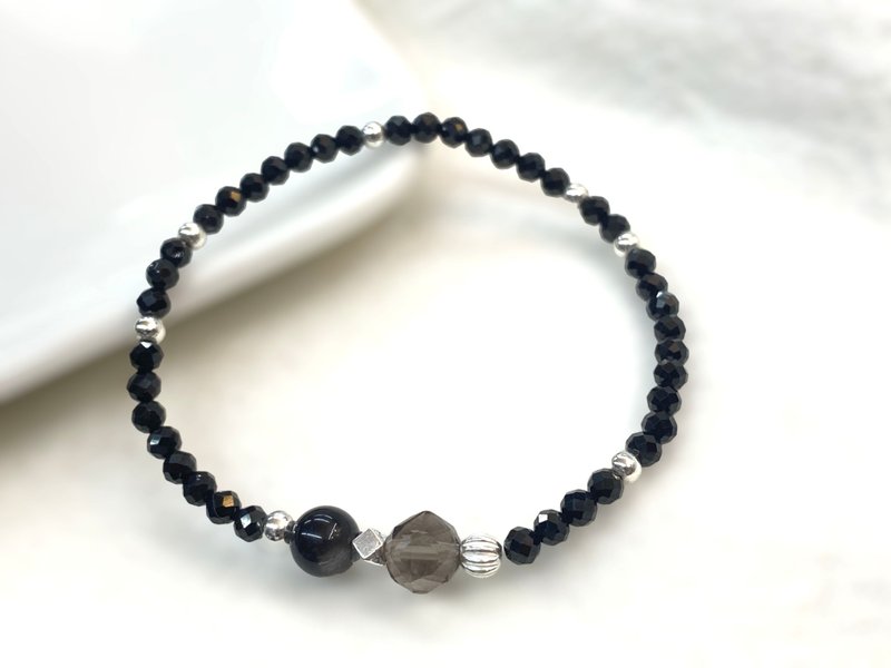 Obsidian & black spinel diamond-cut crystal bracelet to ward off evil spirits, expel negative energy, and protect against villains - Bracelets - Sterling Silver 