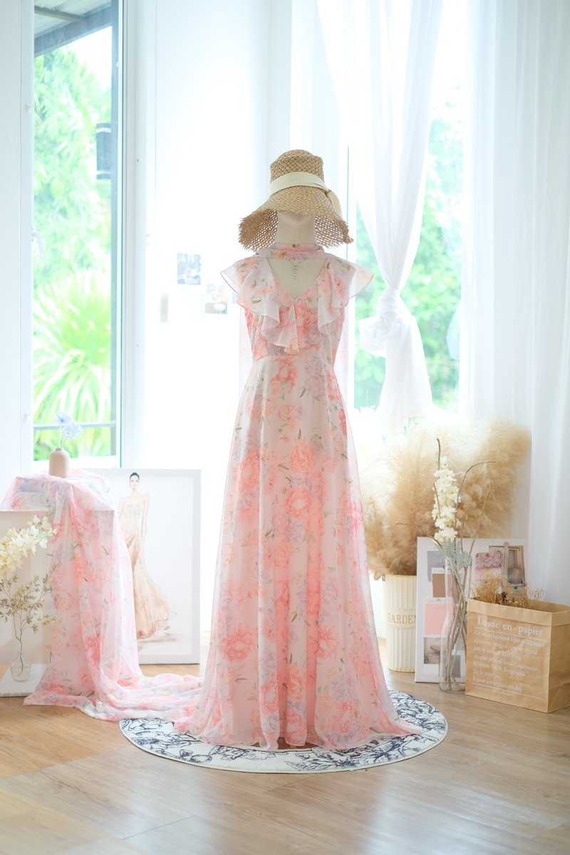 Peach floral Maxi dress Summer dress Bridesmaid dress Cocktail party dress - 禮服/小禮服 - 聚酯纖維 粉紅色