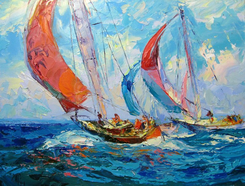 Sailboat Painting Original Art Ocean Art Sailboat Nautical Wall Art Seascape - 插畫/繪畫/寫字 - 其他材質 藍色