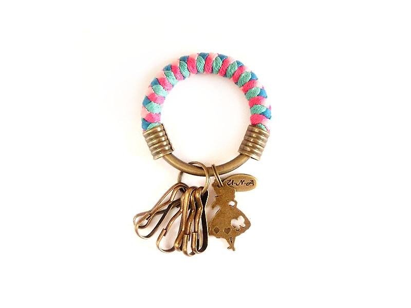 [Na UNA- excellent hand-made] key ring (small) 5.3CM bright pink + pink + blue + green + Alice Lake La Silhouette hand-woven rope hoop customization - Keychains - Other Metals Multicolor