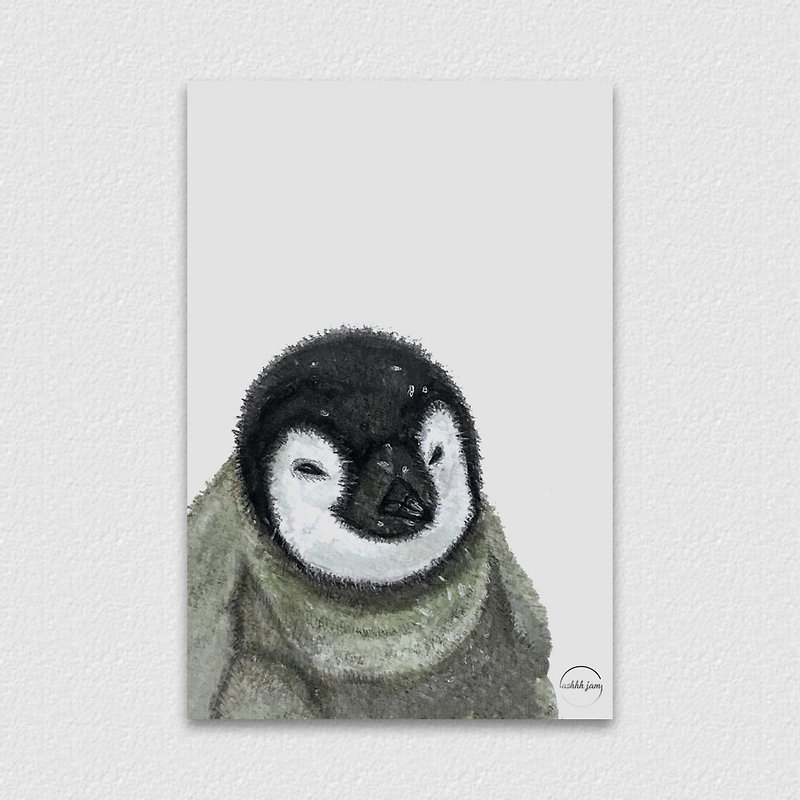 水彩插畫動物明信片 - 企鵝 手繪 水彩 插畫 - 心意卡/卡片 - 紙 黑色