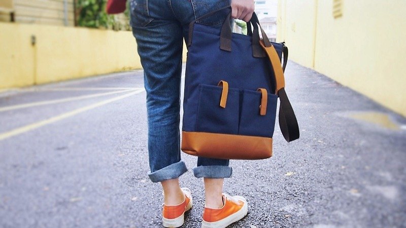 Canvas Leather Tote/ Sling bag/ Laptop/ Business Bag in Navy Blue with Leather Base and Shoulder Pad - กระเป๋าแล็ปท็อป - หนังแท้ สีน้ำเงิน