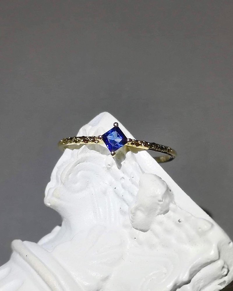 14K黃金 方形藍寶石 金工戒指 - 戒指 - 寶石 藍色