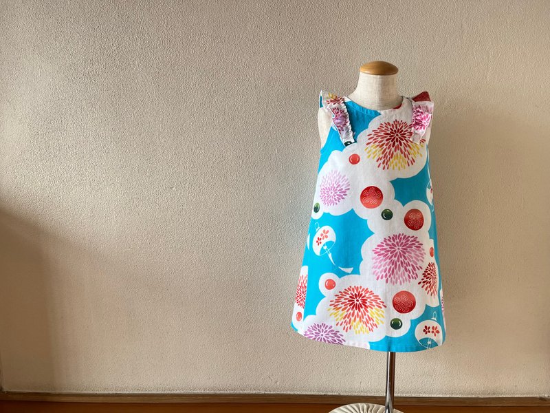 Children's yukata fabric flared sleeve one-piece dress dyed fireworks, light blue, 80-100 size, made-to-order - Skirts - Cotton & Hemp Blue