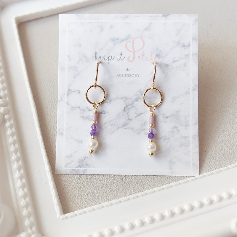 Very Fine Mini Amethyst Freshwater Pearl Natural Stone 925 Silver Gold Plated Earrings Sisters Birthday Gift - ต่างหู - หิน สีม่วง