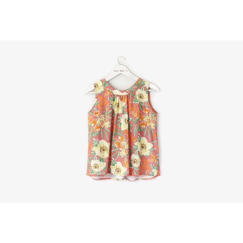Sleeveless shirt, bow tie, can be worn on both sides, orange color, flower lover pattern - 女上衣/長袖上衣 - 棉．麻 橘色