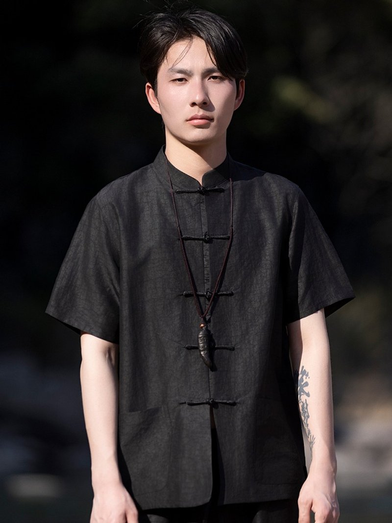 新中式復古 桑蠶絲香云紗短袖襯衫 - 男襯衫/休閒襯衫 - 其他材質 黑色