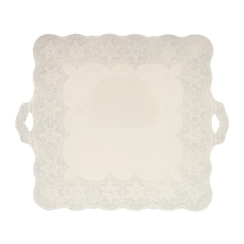 義大利VBC casa手工浮雕蕾絲系列43x37cm方形雙耳果盤(米白色) - 盤子/餐盤/盤架 - 陶 白色