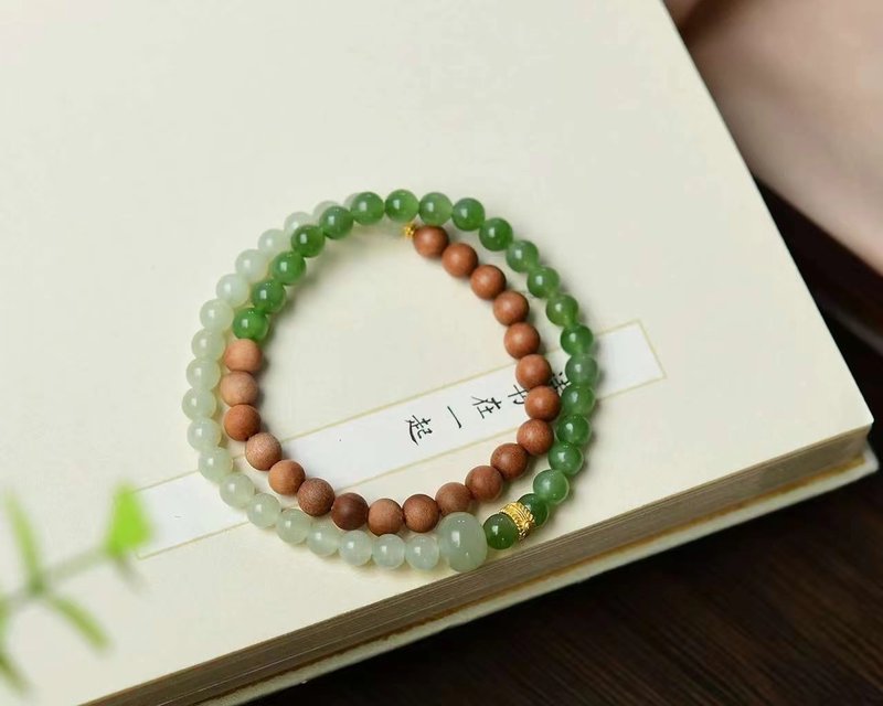 6mm和田玉 /和闐玉-晴水玉 老山檀碧玉晴水大珠設計雙圈手串手鍊 - 手鍊/手環 - 玉石 綠色