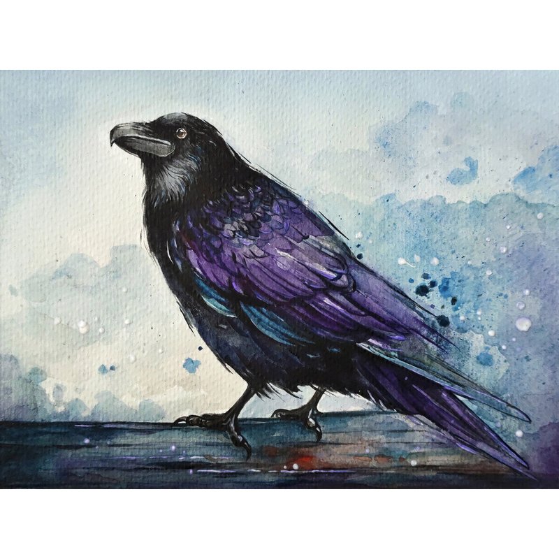 Raven Painting Bird Original Art Crow Artwork Watercolor Painting Crow Wall Art - 海報/掛畫/掛布 - 紙 紫色