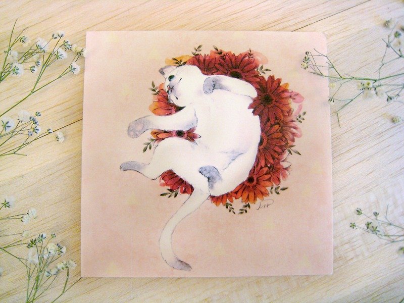 Cat with gerberas square postcard - การ์ด/โปสการ์ด - กระดาษ สีแดง