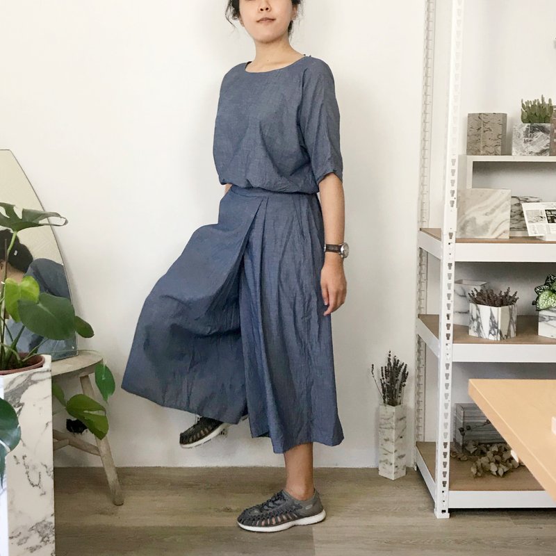 【 寬褲 02】摺一片褲裙/46色 - 女長褲 - 棉．麻 藍色