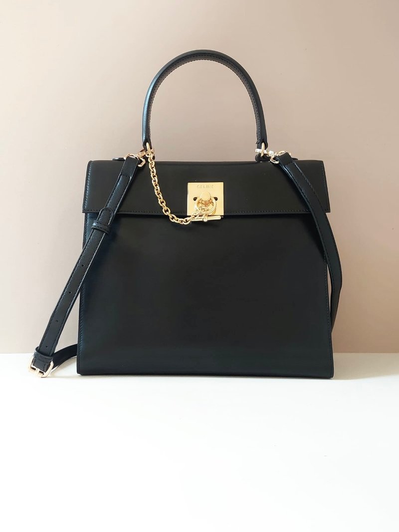 Rare second-hand Celine black gold ring buckle Kelly leather cross-body side shoulder handbag small bag - Messenger Bags & Sling Bags - Genuine Leather Black