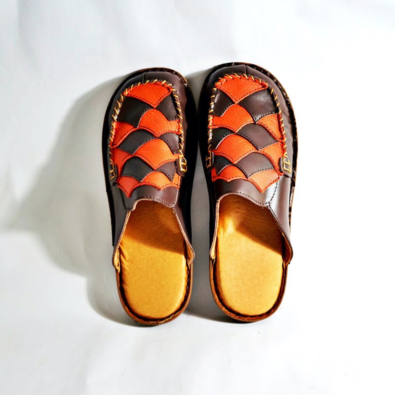 100% Handmade GRIS Flat Leather Mules/ Clogs - รองเท้าลำลองผู้หญิง - หนังแท้ สีส้ม