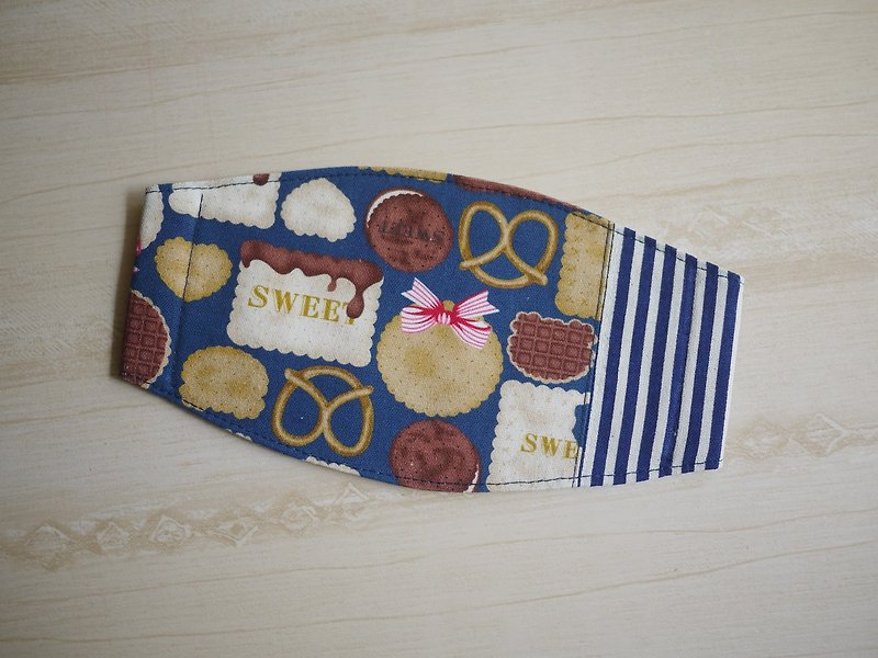 Hand-made custom = hand-made mask = a biscuit = blue = striped stitching - หน้ากาก - ผ้าฝ้าย/ผ้าลินิน สีน้ำเงิน