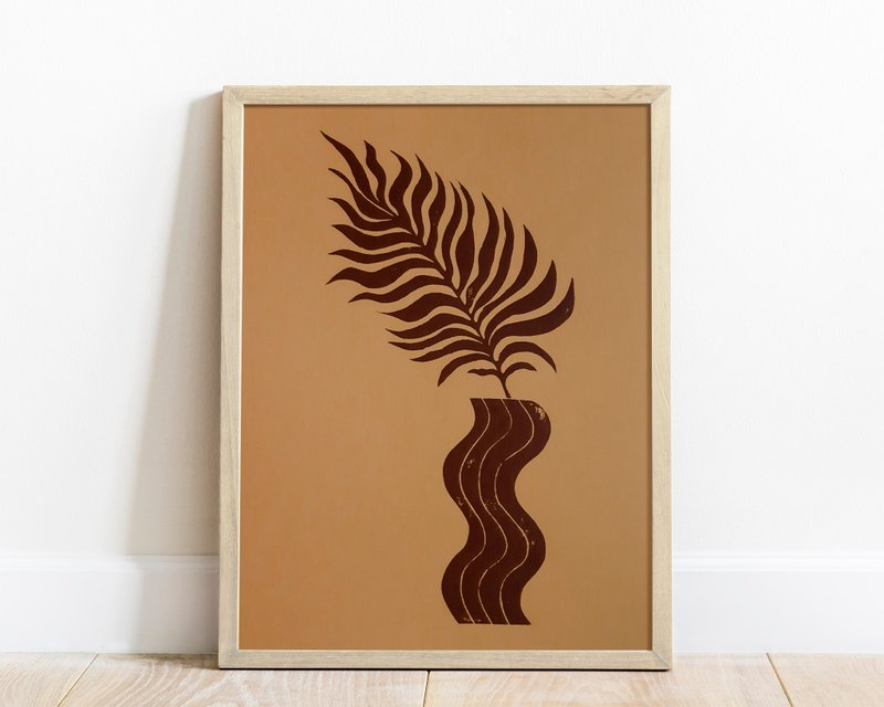 Linocut Print Boho Brown Beige Wave Vase Plant Original Artwork Wall Art Decor - ตกแต่งผนัง - กระดาษ สีนำ้ตาล