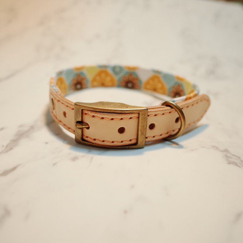 Dog M size collar retro cute square floor tile totem with bell - Collars & Leashes - Cotton & Hemp 