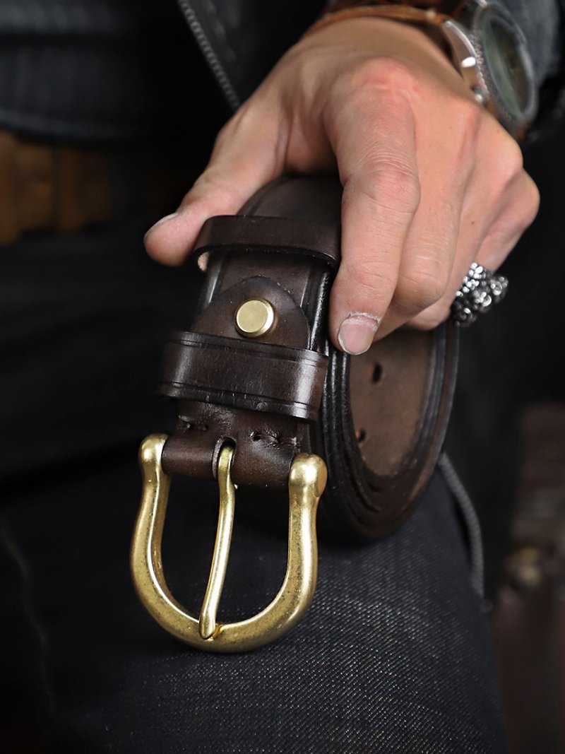 Retro Cowhhide Men's Belt Handmade Genuine Leather Copper Buckle Pin Belts - เข็มขัด - หนังแท้ สีนำ้ตาล